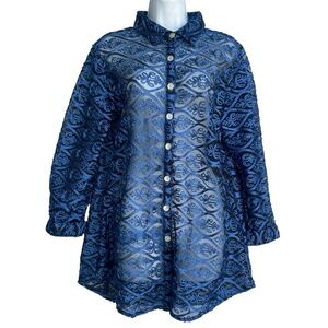 WEAVZ Embroidered Sheer Button-Up Jacket Women's M Blue Long Sleeve Cocktail